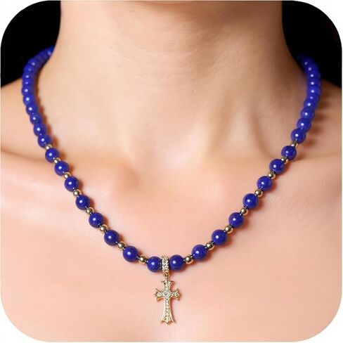 قلادة قلادة نسائية من Seninio Nature Lapis Lazuli مصنوعة يدويًا من الذهب عيار 14 قيراط والماس ومجوهرات مصنوعة يدويًا من حجر أزرق ملكي بطول 45.72 سم للصديقات والأم هديتها جاهزة in Saudi Arabia