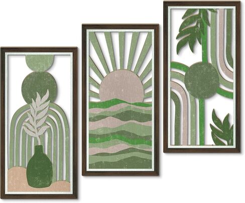 Putuo Decor Abstract Boho Wall Art Set of 3, Modern Geometric Design with Green, Pink, and Beige Tones for Living Room Bedroom Office, Minimalist Wooden Panel Decor in Saudi Arabia