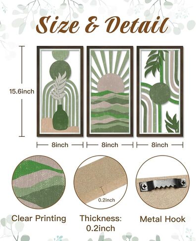 Putuo Decor Abstract Boho Wall Art Set of 3, Modern Geometric Design with Green, Pink, and Beige Tones for Living Room Bedroom Office, Minimalist Wooden Panel Decor in Saudi Arabia
