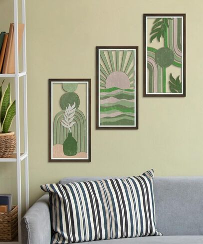 Putuo Decor Abstract Boho Wall Art Set of 3, Modern Geometric Design with Green, Pink, and Beige Tones for Living Room Bedroom Office, Minimalist Wooden Panel Decor in Saudi Arabia
