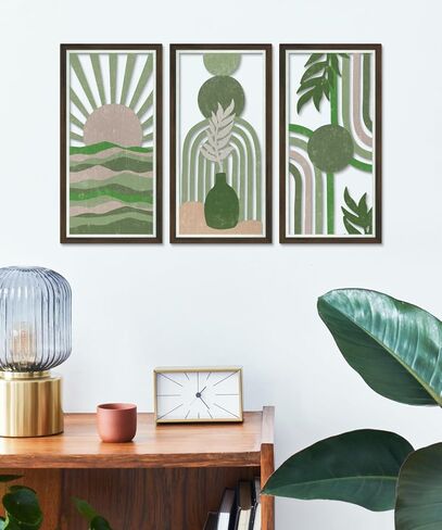 Putuo Decor Abstract Boho Wall Art Set of 3, Modern Geometric Design with Green, Pink, and Beige Tones for Living Room Bedroom Office, Minimalist Wooden Panel Decor in Saudi Arabia