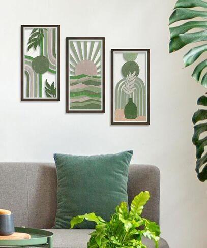 Putuo Decor Abstract Boho Wall Art Set of 3, Modern Geometric Design with Green, Pink, and Beige Tones for Living Room Bedroom Office, Minimalist Wooden Panel Decor in Saudi Arabia