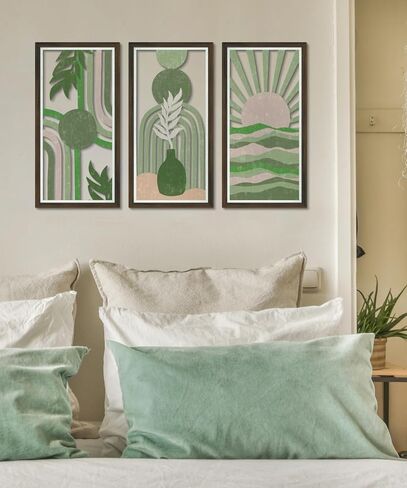 Putuo Decor Abstract Boho Wall Art Set of 3, Modern Geometric Design with Green, Pink, and Beige Tones for Living Room Bedroom Office, Minimalist Wooden Panel Decor in Saudi Arabia