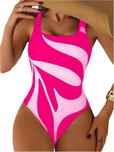 Floerns Women's One Piece Swimsuit Tummy Control Graphic Square Neck Bathing Suit in Saudi Arabia