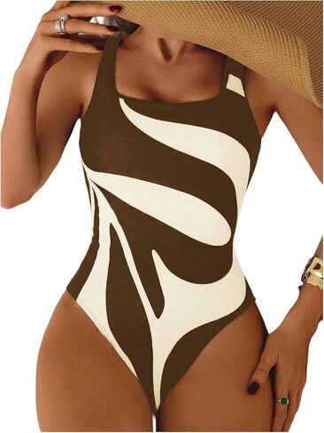 Floerns Women's One Piece Swimsuit Tummy Control Graphic Square Neck Bathing Suit in Saudi Arabia
