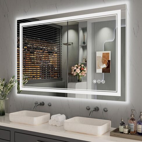 ISTRIPMF 40 × 32 بوصة مرآة حمام LED، إضاءة أمامية وخلفية مضادة للضباب، مرآة زينة مضاءة بذاكرة قابلة للتعتيم، مرآة LED مثبتة على الحائط مقاومة للكسر للحمام in Saudi Arabia