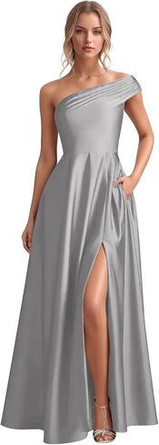 Monlity Satin Bridesmaid Dresses Long Ruched Evening Gowns One Shoulder Side Slit Formal Wedding Guest Dress with Pockets in Saudi Arabia