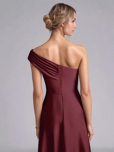 Monlity Satin Bridesmaid Dresses Long Ruched Evening Gowns One Shoulder Side Slit Formal Wedding Guest Dress with Pockets in Saudi Arabia
