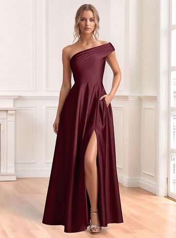 Monlity Satin Bridesmaid Dresses Long Ruched Evening Gowns One Shoulder Side Slit Formal Wedding Guest Dress with Pockets in Saudi Arabia