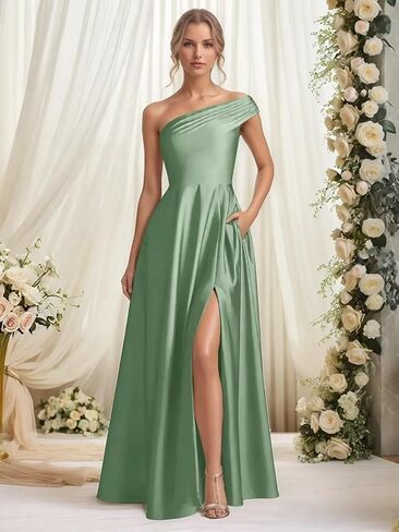 Monlity Satin Bridesmaid Dresses Long Ruched Evening Gowns One Shoulder Side Slit Formal Wedding Guest Dress with Pockets in Saudi Arabia