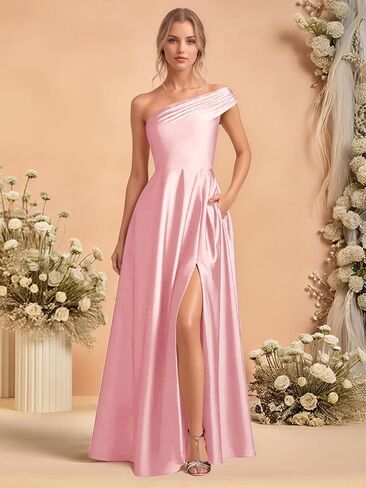 Monlity Satin Bridesmaid Dresses Long Ruched Evening Gowns One Shoulder Side Slit Formal Wedding Guest Dress with Pockets in Saudi Arabia
