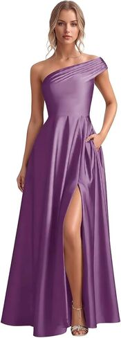 Monlity Satin Bridesmaid Dresses Long Ruched Evening Gowns One Shoulder Side Slit Formal Wedding Guest Dress with Pockets in Saudi Arabia