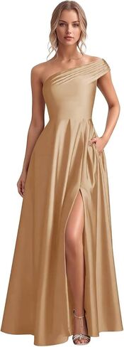 Monlity Satin Bridesmaid Dresses Long Ruched Evening Gowns One Shoulder Side Slit Formal Wedding Guest Dress with Pockets in Saudi Arabia