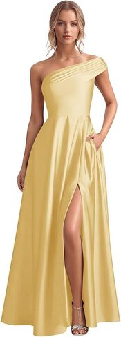 Monlity Satin Bridesmaid Dresses Long Ruched Evening Gowns One Shoulder Side Slit Formal Wedding Guest Dress with Pockets in Saudi Arabia