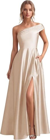 Monlity Satin Bridesmaid Dresses Long Ruched Evening Gowns One Shoulder Side Slit Formal Wedding Guest Dress with Pockets in Saudi Arabia