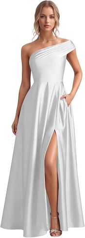 Monlity Satin Bridesmaid Dresses Long Ruched Evening Gowns One Shoulder Side Slit Formal Wedding Guest Dress with Pockets in Saudi Arabia