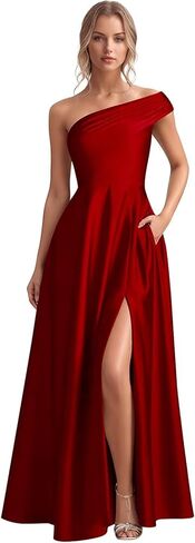 Monlity Satin Bridesmaid Dresses Long Ruched Evening Gowns One Shoulder Side Slit Formal Wedding Guest Dress with Pockets in Saudi Arabia
