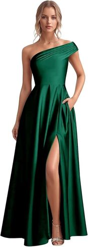 Monlity Satin Bridesmaid Dresses Long Ruched Evening Gowns One Shoulder Side Slit Formal Wedding Guest Dress with Pockets in Saudi Arabia
