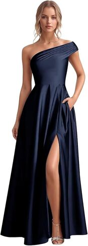 Monlity Satin Bridesmaid Dresses Long Ruched Evening Gowns One Shoulder Side Slit Formal Wedding Guest Dress with Pockets in Saudi Arabia