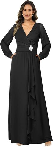 TXDBB فساتين أم العروس بأكمام طويلة للنساء مع جيوب شيفون كشكش على شكل حرف A فستان رسمي لحفلات الزفاف in Kuwait