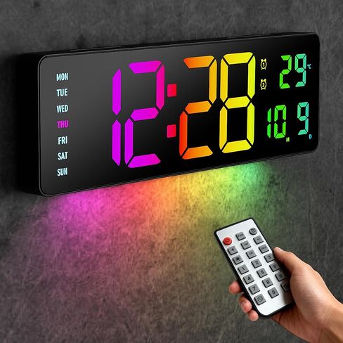 JTAIMAX 16-inch Digital Wall Clock with Large Display, 9 RGB Color Changing LED, Auto Dimming Night Light, for Living Room, Bedroom, Office, Classroom, Ideal Housewarming Birthday Gift (Multi-Color) in Saudi Arabia