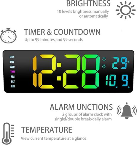 JTAIMAX 16-inch Digital Wall Clock with Large Display, 9 RGB Color Changing LED, Auto Dimming Night Light, for Living Room, Bedroom, Office, Classroom, Ideal Housewarming Birthday Gift (Multi-Color) in Saudi Arabia