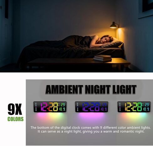 JTAIMAX 16-inch Digital Wall Clock with Large Display, 9 RGB Color Changing LED, Auto Dimming Night Light, for Living Room, Bedroom, Office, Classroom, Ideal Housewarming Birthday Gift (Multi-Color) in Saudi Arabia
