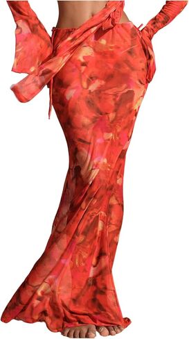 Verdusa Women's Floral Sheer Beach Cover Up Maxi Skirts Boho Mesh Drop Waist Swim Skirt in Saudi Arabia