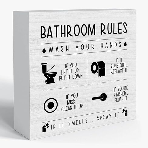 Sahjzk Bathroom Rules Wooden Box Sign - 5x5 Inch Funny Bathroom Decor for Toilet Tank & Shelf, Wash Your Hands Sign, Funny Bathroom Gift in Saudi Arabia