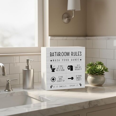 Sahjzk Bathroom Rules Wooden Box Sign - 5x5 Inch Funny Bathroom Decor for Toilet Tank & Shelf, Wash Your Hands Sign, Funny Bathroom Gift in Saudi Arabia