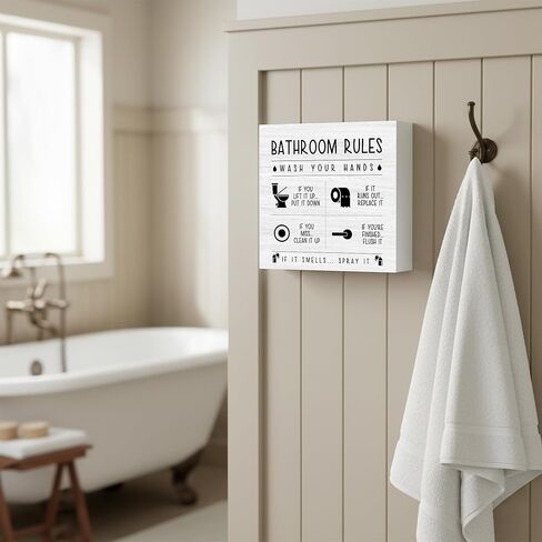 Sahjzk Bathroom Rules Wooden Box Sign - 5x5 Inch Funny Bathroom Decor for Toilet Tank & Shelf, Wash Your Hands Sign, Funny Bathroom Gift in Saudi Arabia