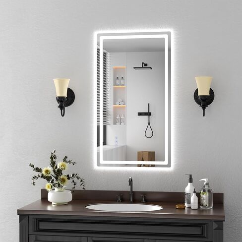 مرآة حمام LED مقاس 20 × 36 بوصة من ROVOGO مع أضواء، بدون ضباب، إضاءة خلفية خافتة وإضاءة أمامية، 3 درجة حرارة ألوان، وظيفة الذاكرة، مرآة زينة حمام مضاءة للجدار، مقاومة للكسر، معترف بها من UL in Kuwait