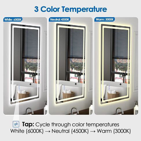 مرآة حمام LED مقاس 20 × 36 بوصة من ROVOGO مع أضواء، بدون ضباب، إضاءة خلفية خافتة وإضاءة أمامية، 3 درجة حرارة ألوان، وظيفة الذاكرة، مرآة زينة حمام مضاءة للجدار، مقاومة للكسر، معترف بها من UL in Kuwait