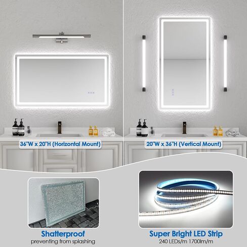 مرآة حمام LED مقاس 20 × 36 بوصة من ROVOGO مع أضواء، بدون ضباب، إضاءة خلفية خافتة وإضاءة أمامية، 3 درجة حرارة ألوان، وظيفة الذاكرة، مرآة زينة حمام مضاءة للجدار، مقاومة للكسر، معترف بها من UL in Kuwait