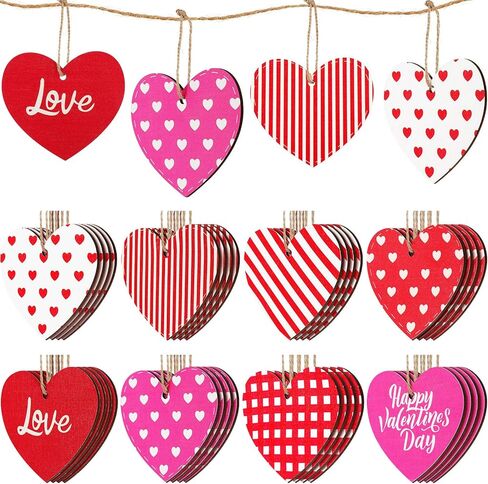 Jetec 40 Pieces Valentine's Day Tree Decoration Pink Red White Wooden Heart Hanging Ornaments Love Striped Plaid Heart Tags with String for Valentines Embellishments Craft Home Office Wall Decor in Saudi Arabia