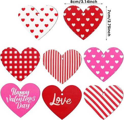 Jetec 40 Pieces Valentine's Day Tree Decoration Pink Red White Wooden Heart Hanging Ornaments Love Striped Plaid Heart Tags with String for Valentines Embellishments Craft Home Office Wall Decor in Saudi Arabia