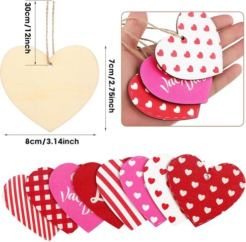 Jetec 40 Pieces Valentine's Day Tree Decoration Pink Red White Wooden Heart Hanging Ornaments Love Striped Plaid Heart Tags with String for Valentines Embellishments Craft Home Office Wall Decor in Saudi Arabia