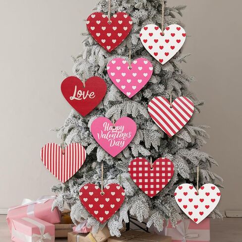 Jetec 40 Pieces Valentine's Day Tree Decoration Pink Red White Wooden Heart Hanging Ornaments Love Striped Plaid Heart Tags with String for Valentines Embellishments Craft Home Office Wall Decor in Saudi Arabia