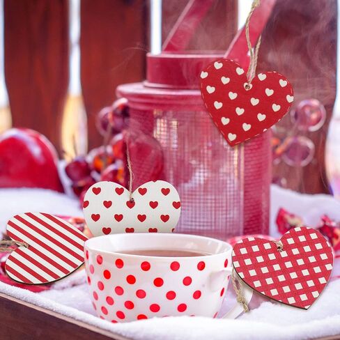 Jetec 40 Pieces Valentine's Day Tree Decoration Pink Red White Wooden Heart Hanging Ornaments Love Striped Plaid Heart Tags with String for Valentines Embellishments Craft Home Office Wall Decor in Saudi Arabia