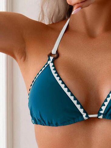 Fanuerg Women Halter String Triangle Bikini Sets Ring Linked Two Piece Swimsuit Whip Stitch Swimwear Bathing Suits in Kuwait