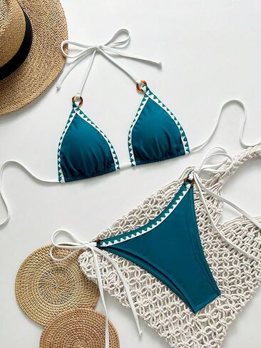 Fanuerg Women Halter String Triangle Bikini Sets Ring Linked Two Piece Swimsuit Whip Stitch Swimwear Bathing Suits in Kuwait
