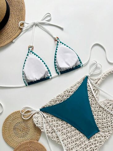Fanuerg Women Halter String Triangle Bikini Sets Ring Linked Two Piece Swimsuit Whip Stitch Swimwear Bathing Suits in Kuwait