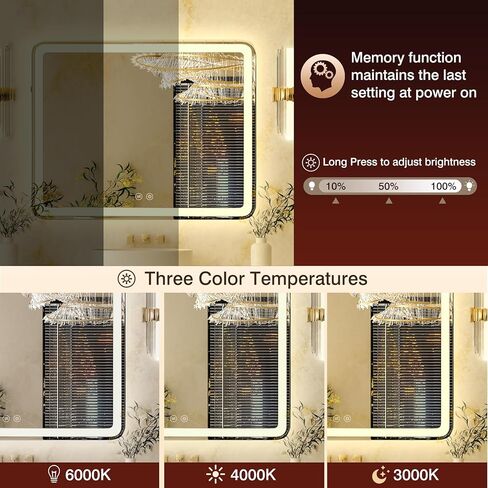 مرآة LED مقاس 72 × 32 بوصة للحمام مع إضاءة أمامية وخلفية، مرآة حمام كبيرة مثبتة على الحائط مع 3 ألوان، مرآة زينة مضادة للضباب مع أضواء in Kuwait