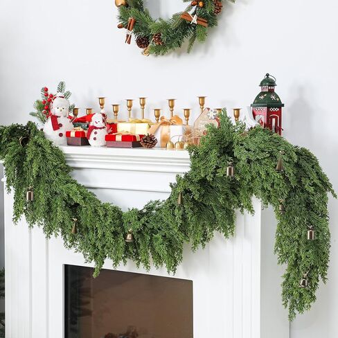 Giegxin 6 ft Vintage Christmas Decoration Norfolk Pine Garland with Cowbells Real Touch Evergreen Artificial Pine Garlands for Christmas Home Table Centerpieces Mantel Fireplace Winter Xmas Decor in Saudi Arabia