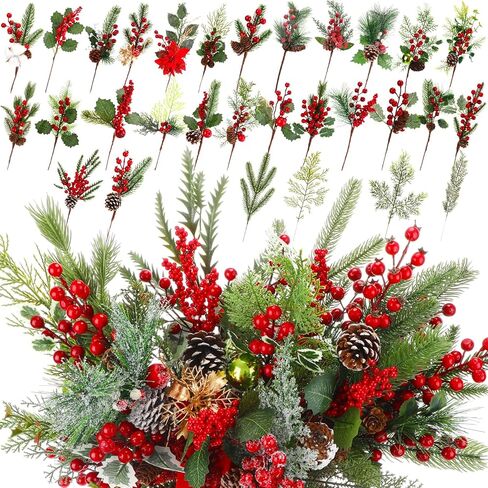 Outus 107 Pcs Christmas Artificial Pine Branches with Red Berry Stems Faux Pine Picks Spray with Pinecones Apples Holly Leaves Hemp Rope for DIY Garland Wreath Xmas Embellishing Home Garden Decoration in Saudi Arabia