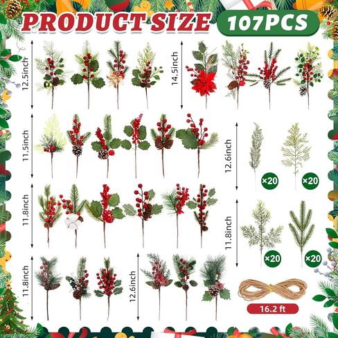 Outus 107 Pcs Christmas Artificial Pine Branches with Red Berry Stems Faux Pine Picks Spray with Pinecones Apples Holly Leaves Hemp Rope for DIY Garland Wreath Xmas Embellishing Home Garden Decoration in Saudi Arabia