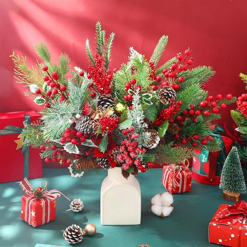 Outus 107 Pcs Christmas Artificial Pine Branches with Red Berry Stems Faux Pine Picks Spray with Pinecones Apples Holly Leaves Hemp Rope for DIY Garland Wreath Xmas Embellishing Home Garden Decoration in Saudi Arabia