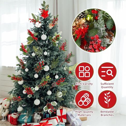 Outus 107 Pcs Christmas Artificial Pine Branches with Red Berry Stems Faux Pine Picks Spray with Pinecones Apples Holly Leaves Hemp Rope for DIY Garland Wreath Xmas Embellishing Home Garden Decoration in Saudi Arabia