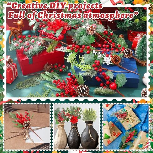 Outus 107 Pcs Christmas Artificial Pine Branches with Red Berry Stems Faux Pine Picks Spray with Pinecones Apples Holly Leaves Hemp Rope for DIY Garland Wreath Xmas Embellishing Home Garden Decoration in Saudi Arabia