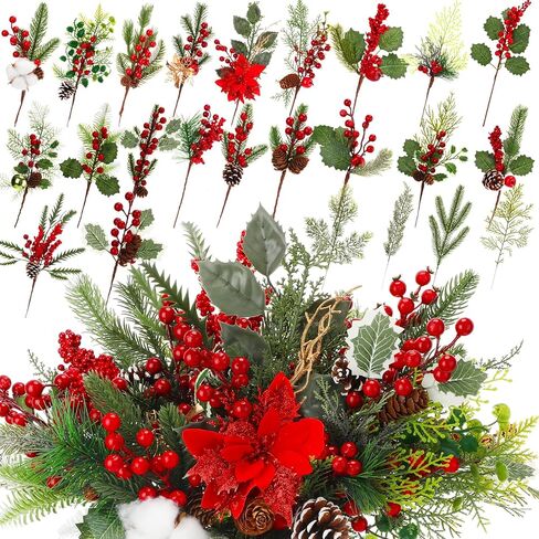 Outus 107 Pcs Christmas Artificial Pine Branches with Red Berry Stems Faux Pine Picks Spray with Pinecones Apples Holly Leaves Hemp Rope for DIY Garland Wreath Xmas Embellishing Home Garden Decoration in Saudi Arabia